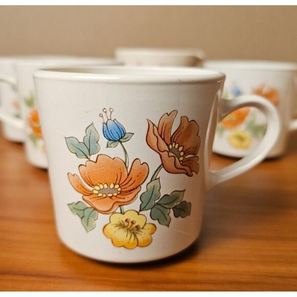 Vintage Corning Cornerstone 4 Mugs & Creamer Set. Royal Garden Pattern 70's Vibe - Picture 3 of 6